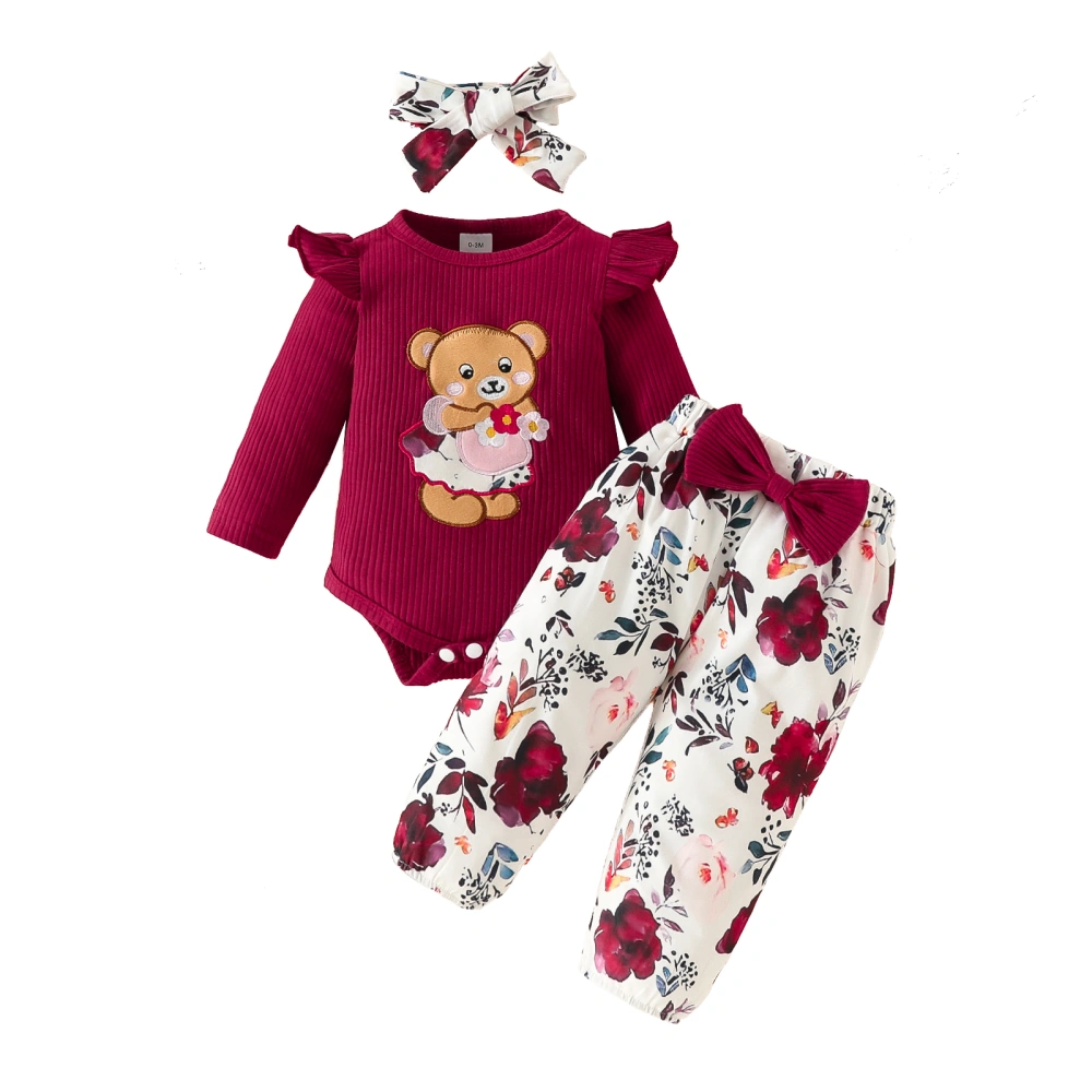 Girls 3 Piece Outfit Bear Embroidery Romper and Floral Pants Headband