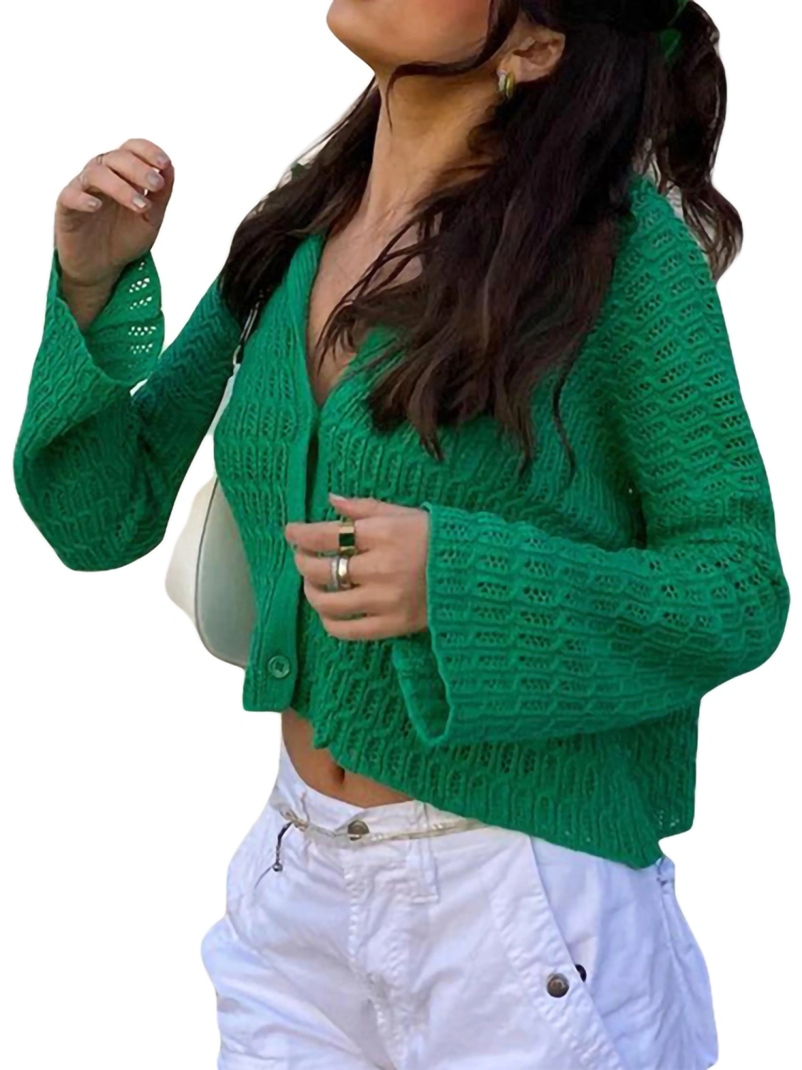 Women's Knit Cardigan Solid Color Knitted Crochet Pattern Sweater 