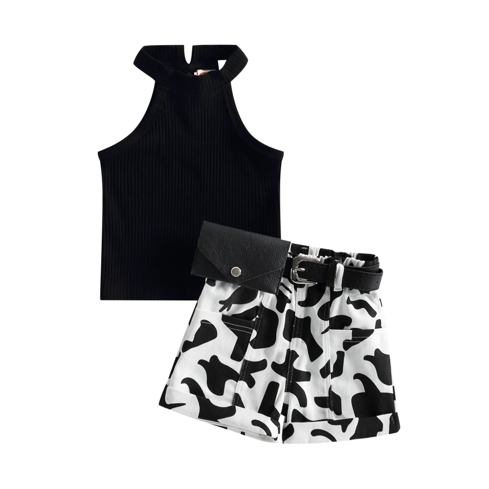 Girls Solid Color Ribbed Vest + Cow Print Shorts with Waist Bag