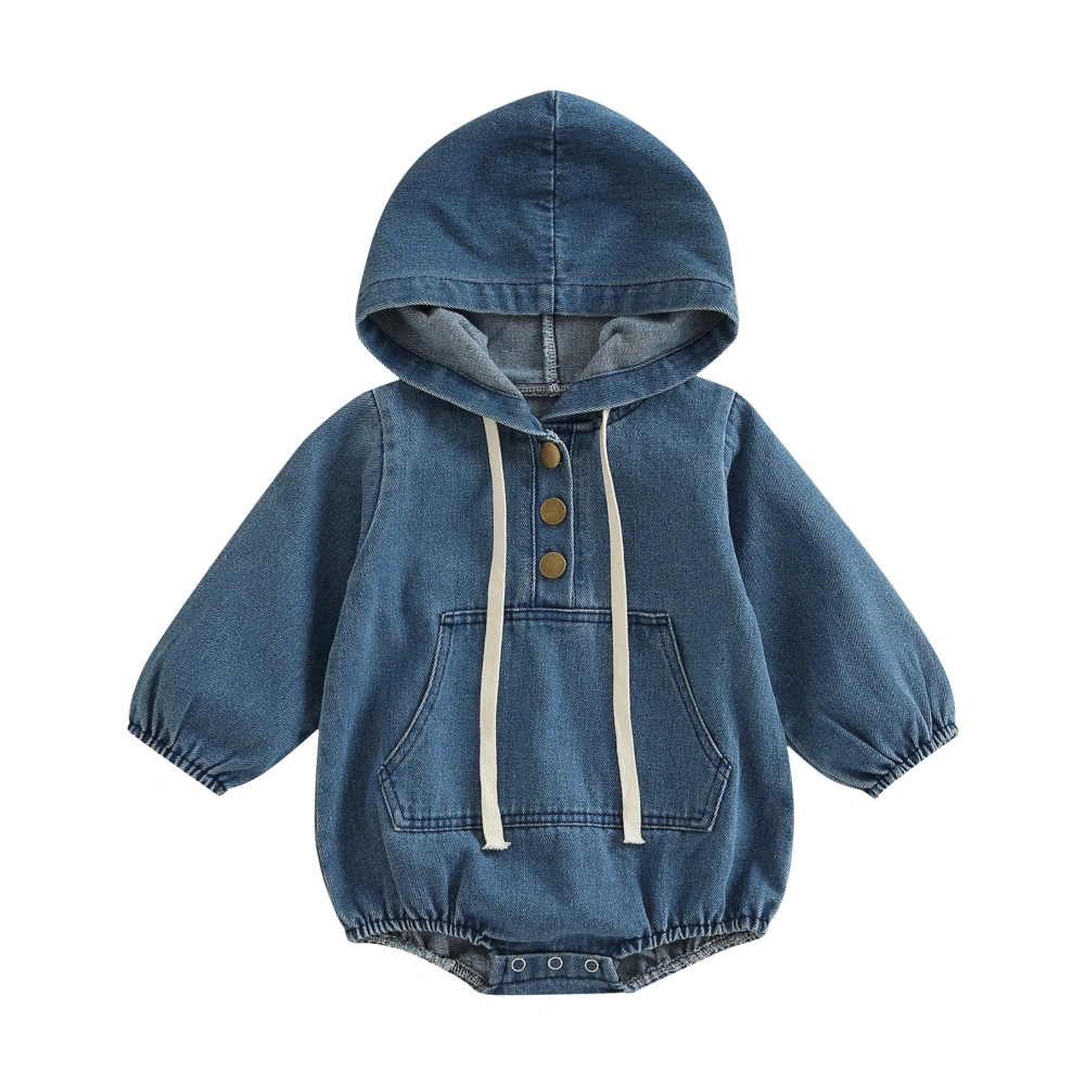 Baby Hooded Romper, Long Sleeve Solid Color Button Denim Bodysuit