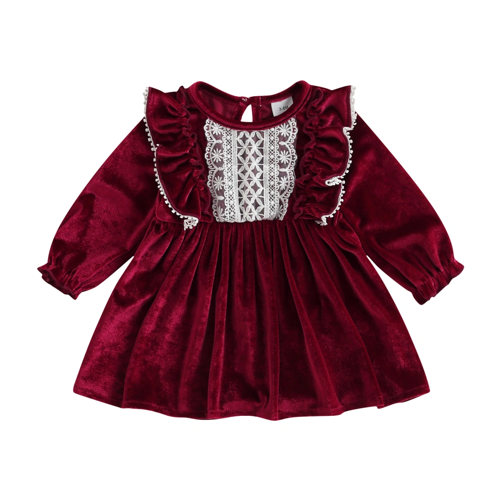 Baby Girls Long Sleeve Round Neck Ruffle Lace Trim Pleated Dress