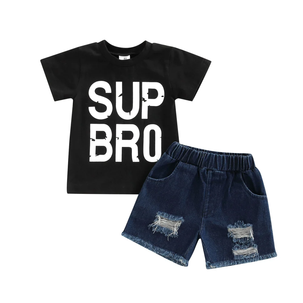 Baby Boys Short Sleeve Tops + Denim Shorts, Letter Print Clothing