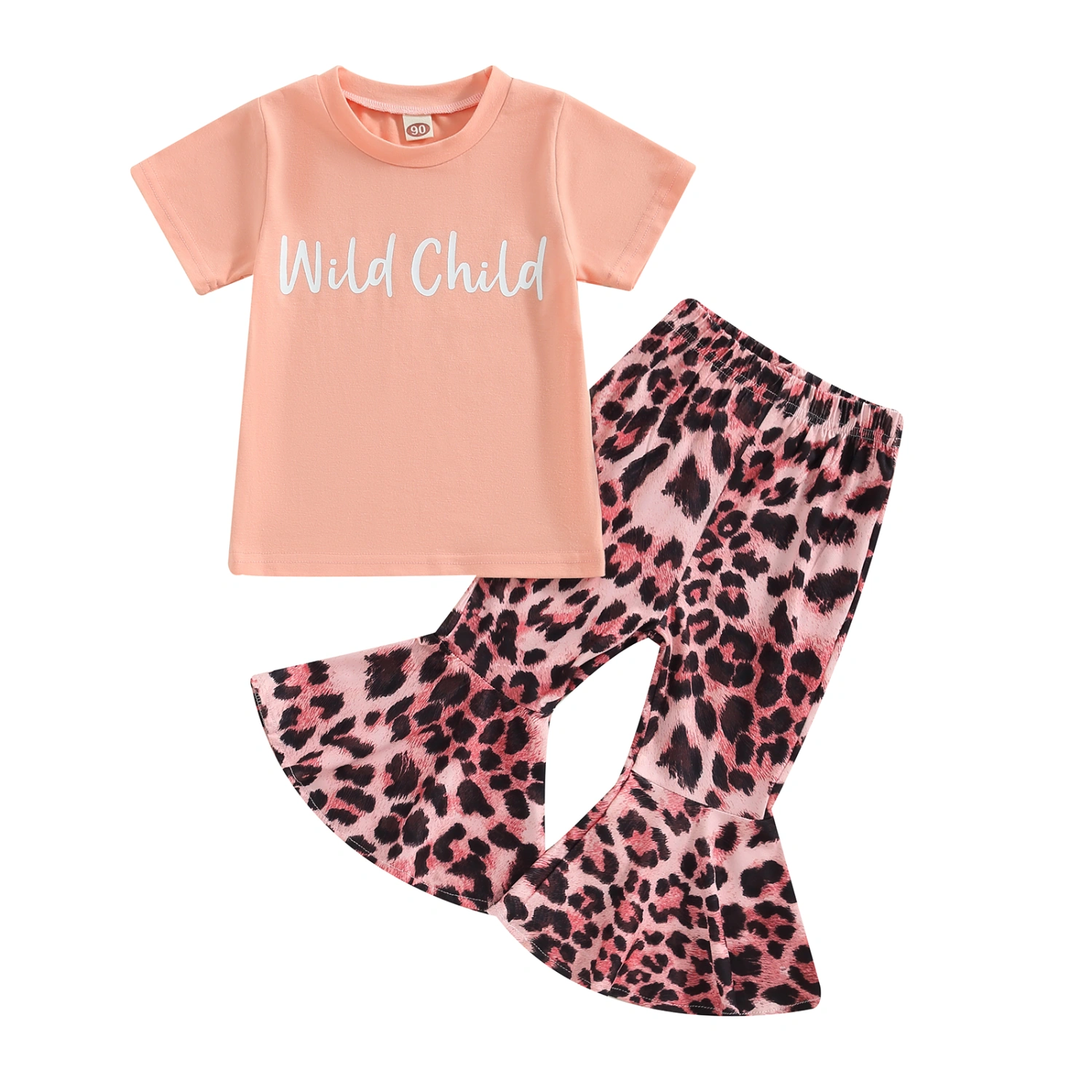 Toddler Girl 2Pcs Summer Outfits, Letter Tops + Leopard Flare Pants