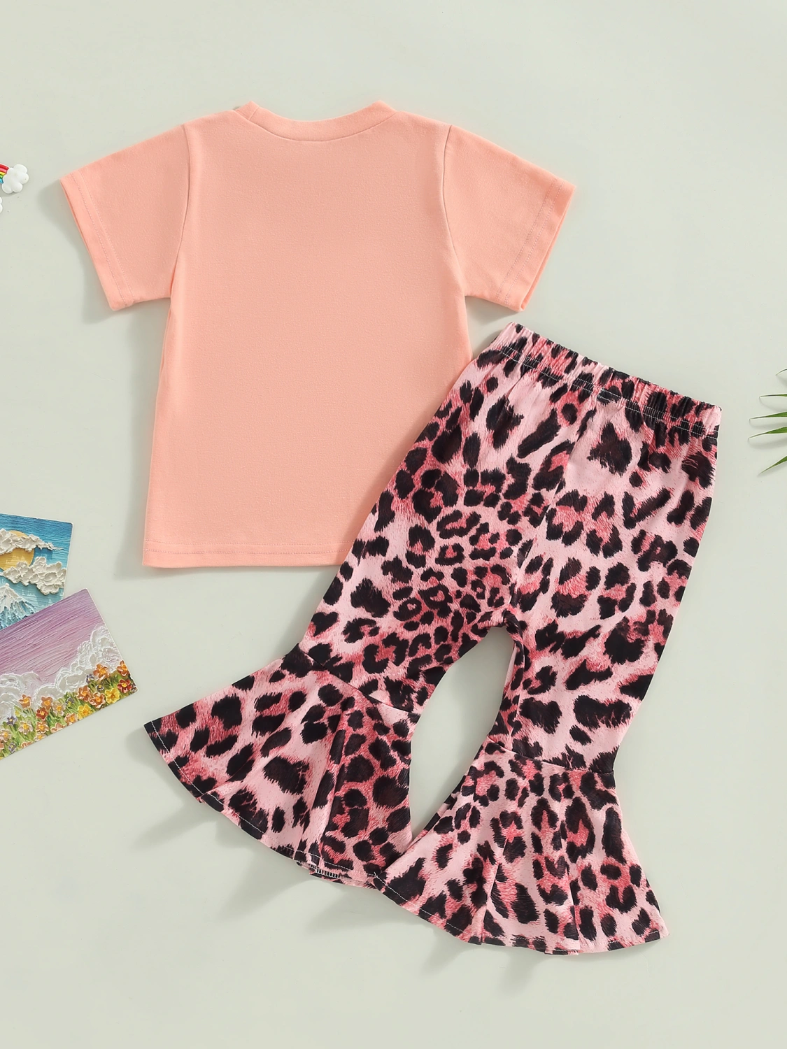 Toddler Girl 2Pcs Summer Outfits, Letter Tops + Leopard Flare Pants