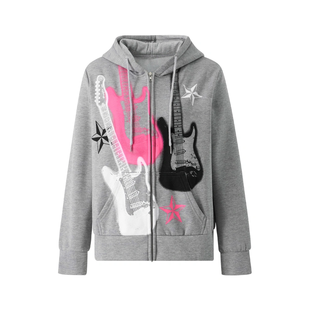 Women's Guitar Print Hoodies, Long Sleeve Zip Drawstring Sweatshirts