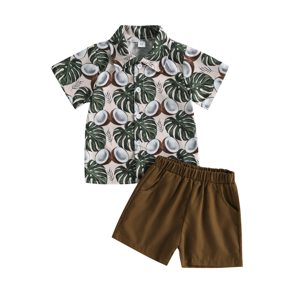 Toddler Boys Summer Outfits, Leaf Print Button Shirt + Shorts Set