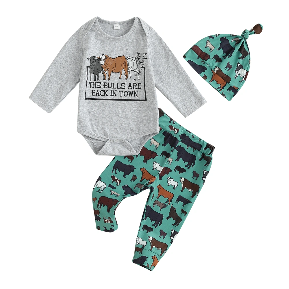 Baby Boys Pants Set, Long Sleeve Letters Romper Cow Print Pants Hat