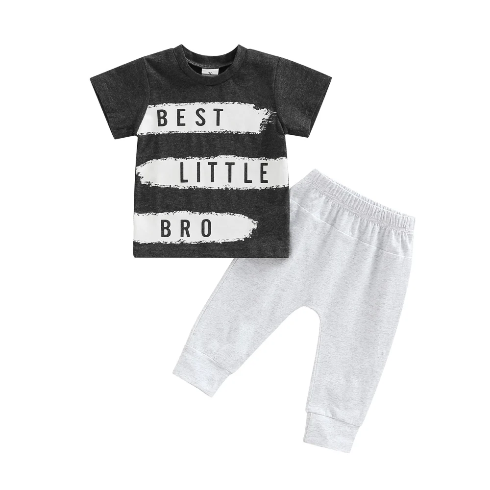 Boys Summer Black Short Sleeve Letter Print T-shirt + Gray Pants