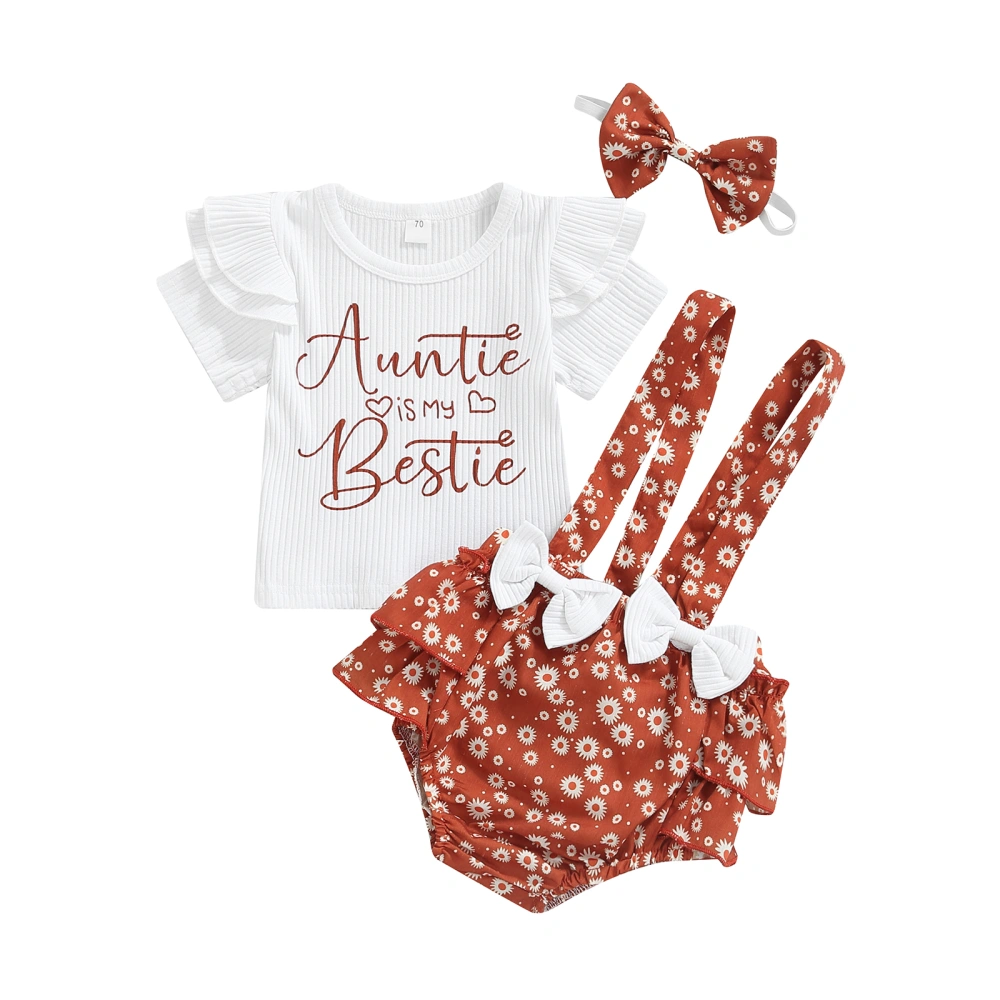 Baby Girls Clothes, Letter T-Shirt, Rose/Sun Suspender Pants, Headband