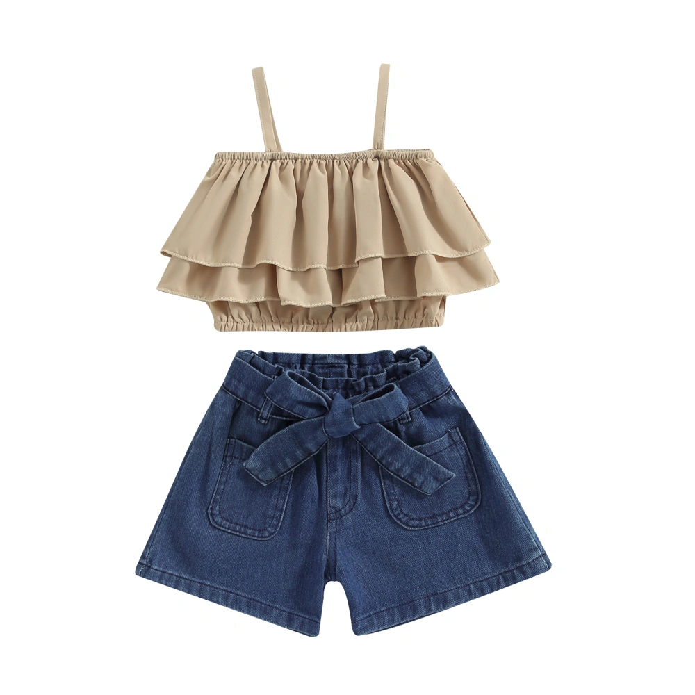 Kids Girl Summer Outfits Solid Color Ruffles Cami Tops Denim Shorts