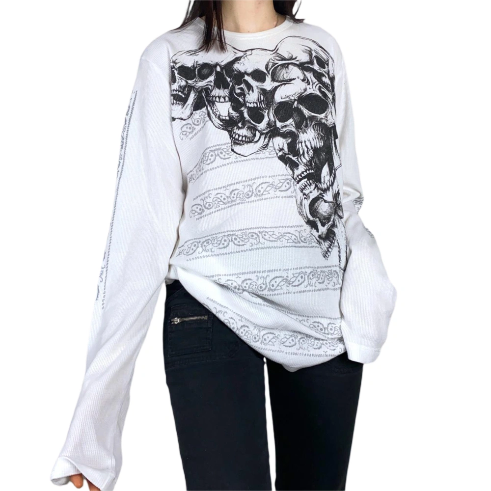 Women's Round Neck Tops, Skull Print Long Sleeve Loose Spring T-Shirts