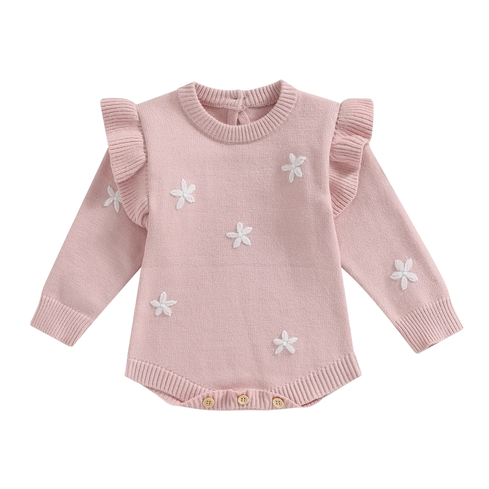 Baby Girls Knit Sweater Romper Floral Embroidery Long Sleeve Jumpsuits