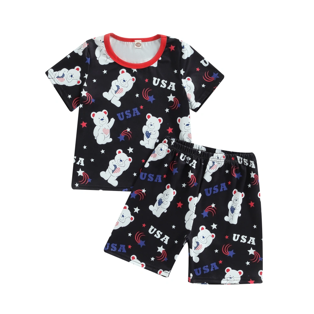 Kids 4th of July Outfits, Short Sleeve Bear Print Tops + Shorts Set