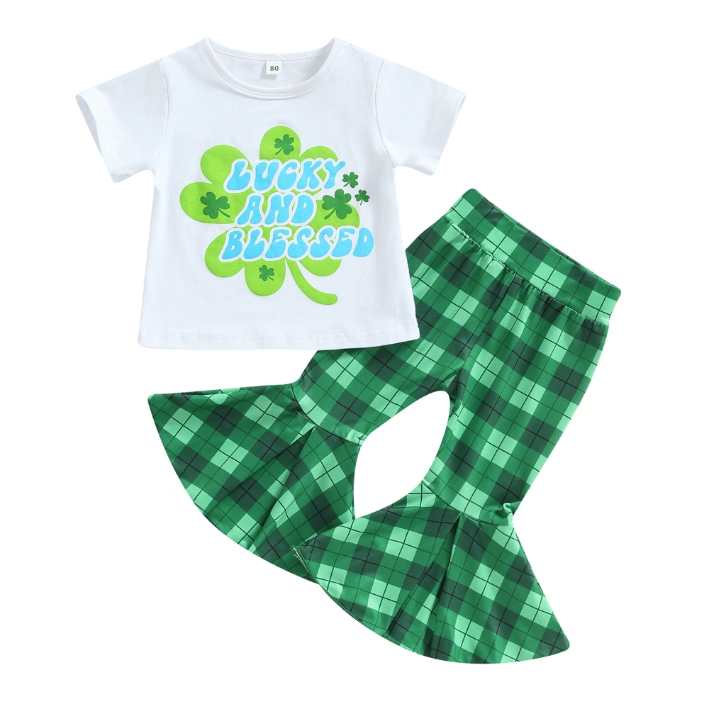 Girls White Short Sleeve T-shirt + Four Leaf Clover Print Flared Pants