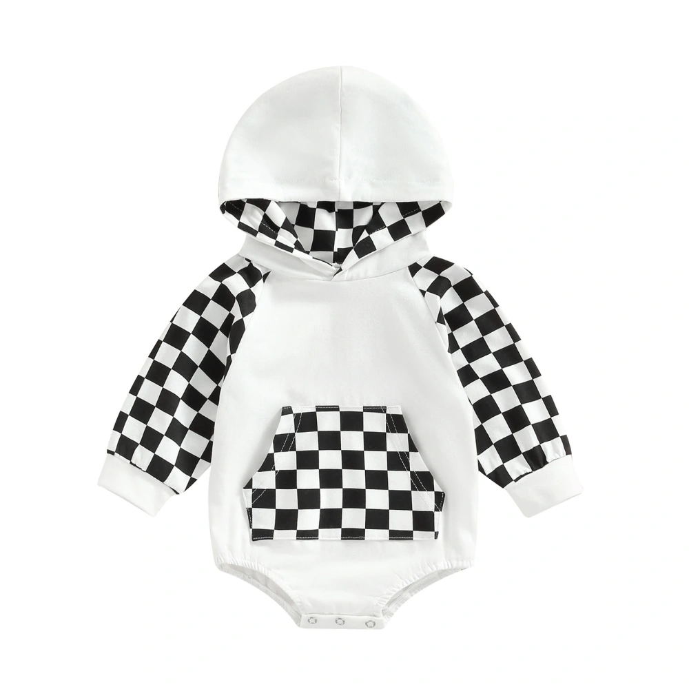 Baby Boys Girls Romper, Long Sleeve Hooded Plaid Patchwork Bodysuit