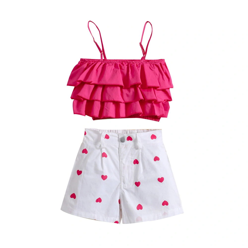 Girls Street Party Sleeveless Ruffle Vest Tops + Heart Print Shorts  