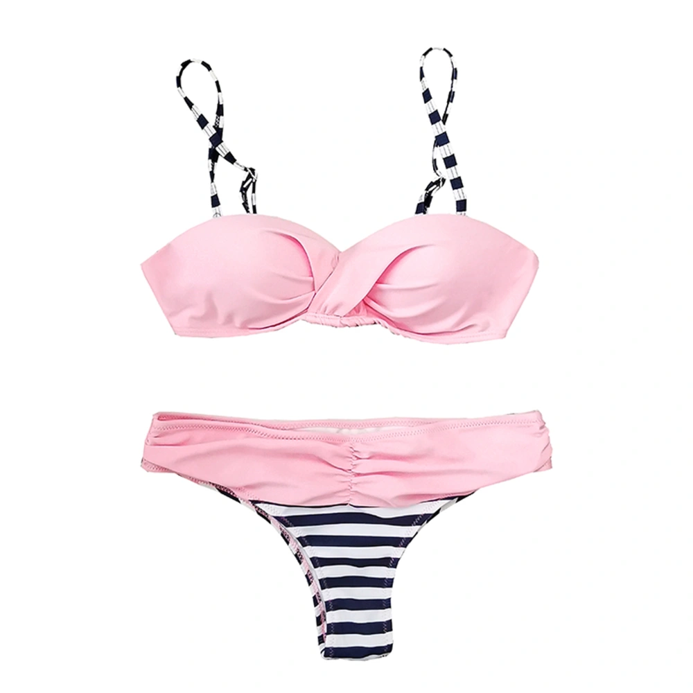 Women 2 Pieces Bikini Swimsuits Stripe Spaghetti Strap Bra Thong Set