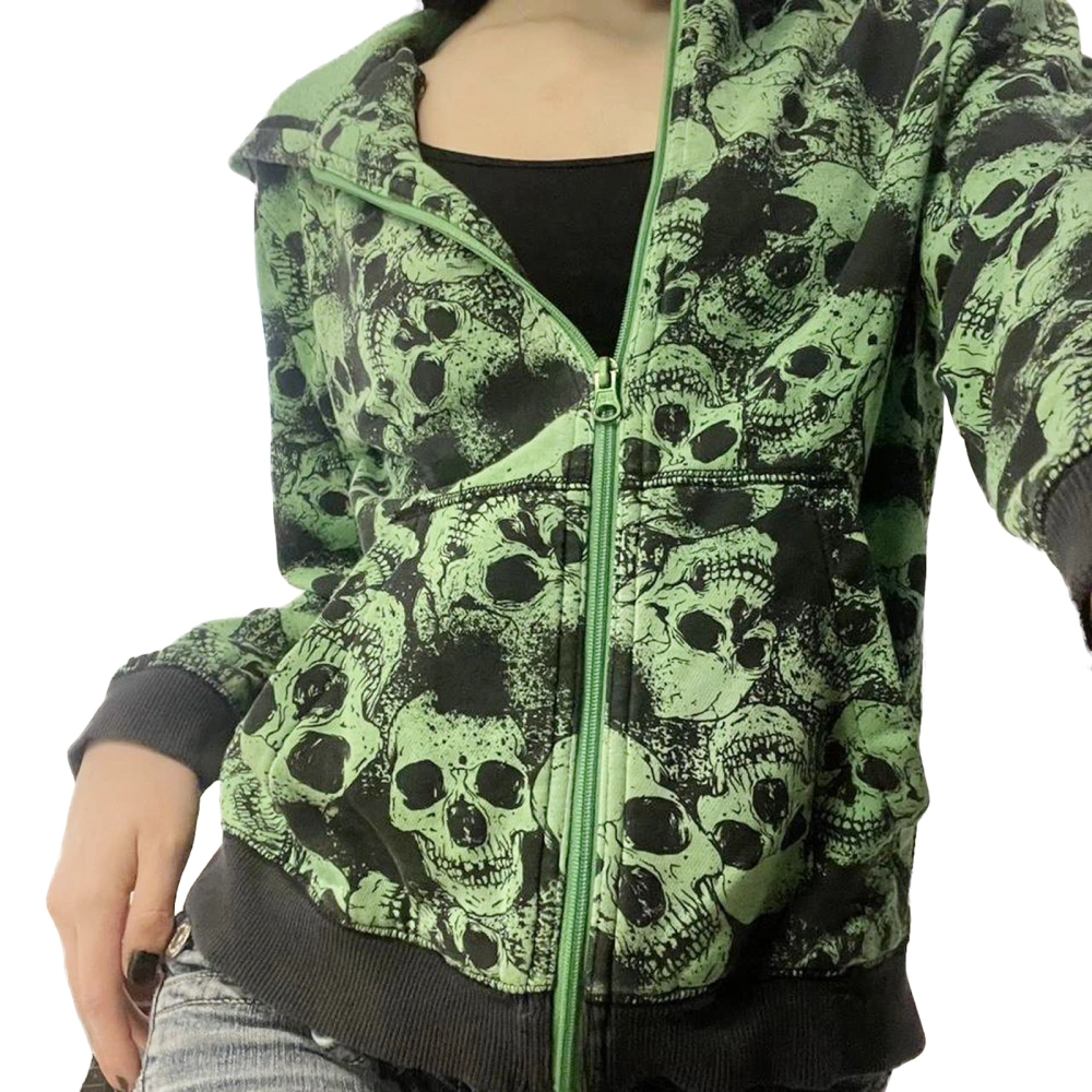 Female Coat, Skull Print Long Sleeve Hooded Zipper Jacket Outerwear