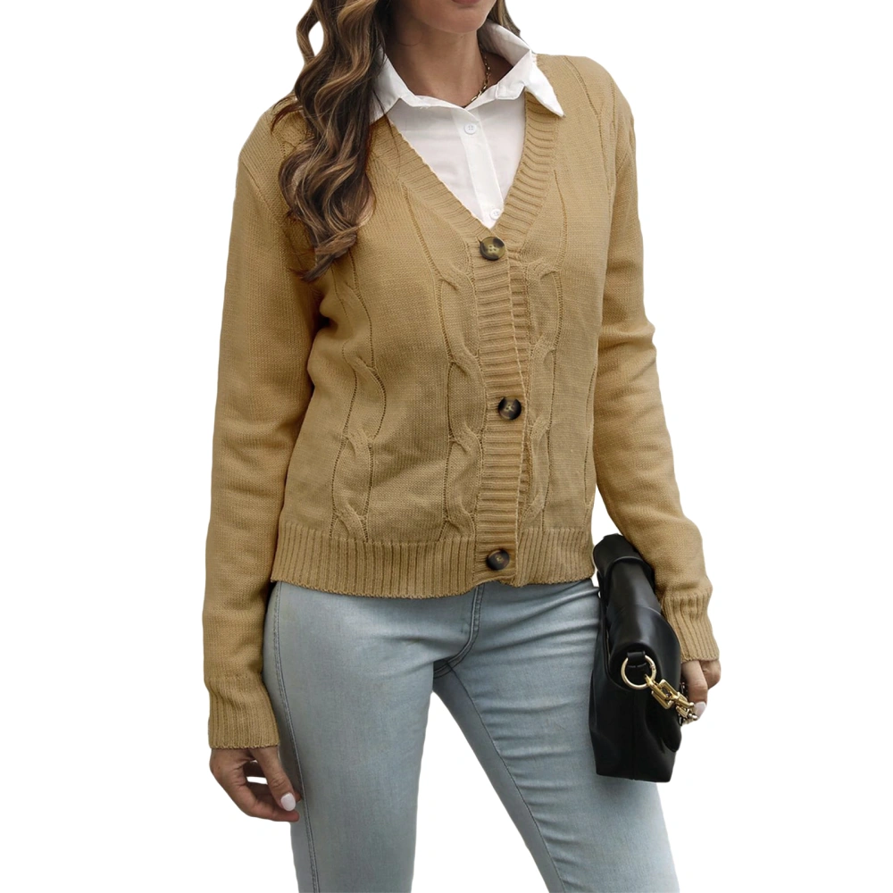 Women Cable-knit Sweater, Solid Color Long Sleeve V-neck Cardigan