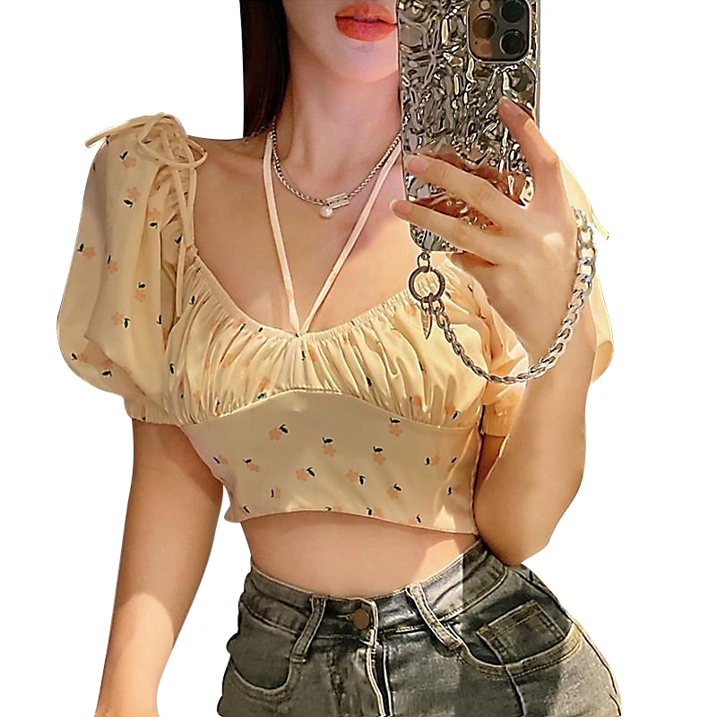 Women Summer Blouse, Flower Printed Puff Short Sleeve Crop Tops