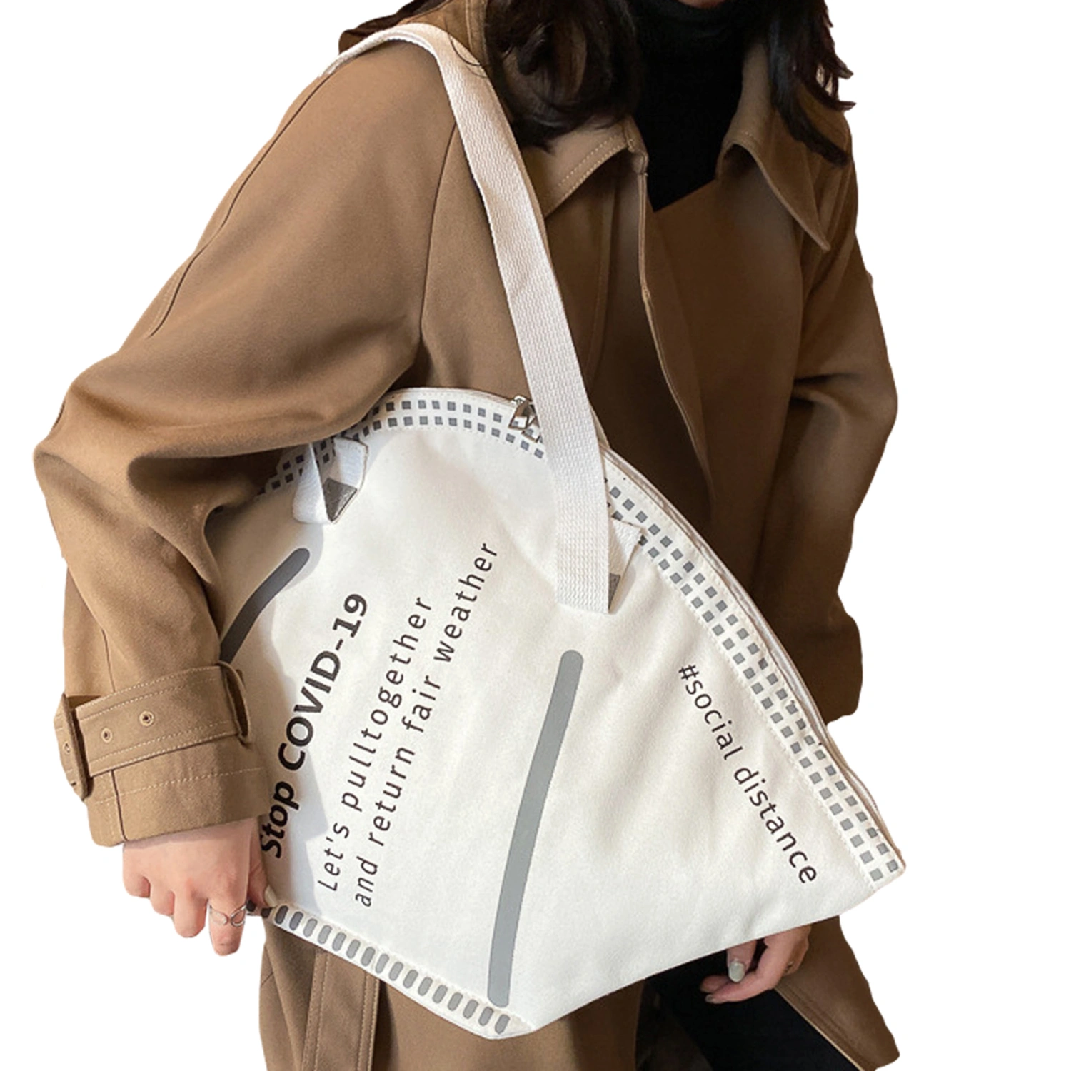 Women Tote Bag, Letter Pattern Mask Shape Zipper Canvas Handbag