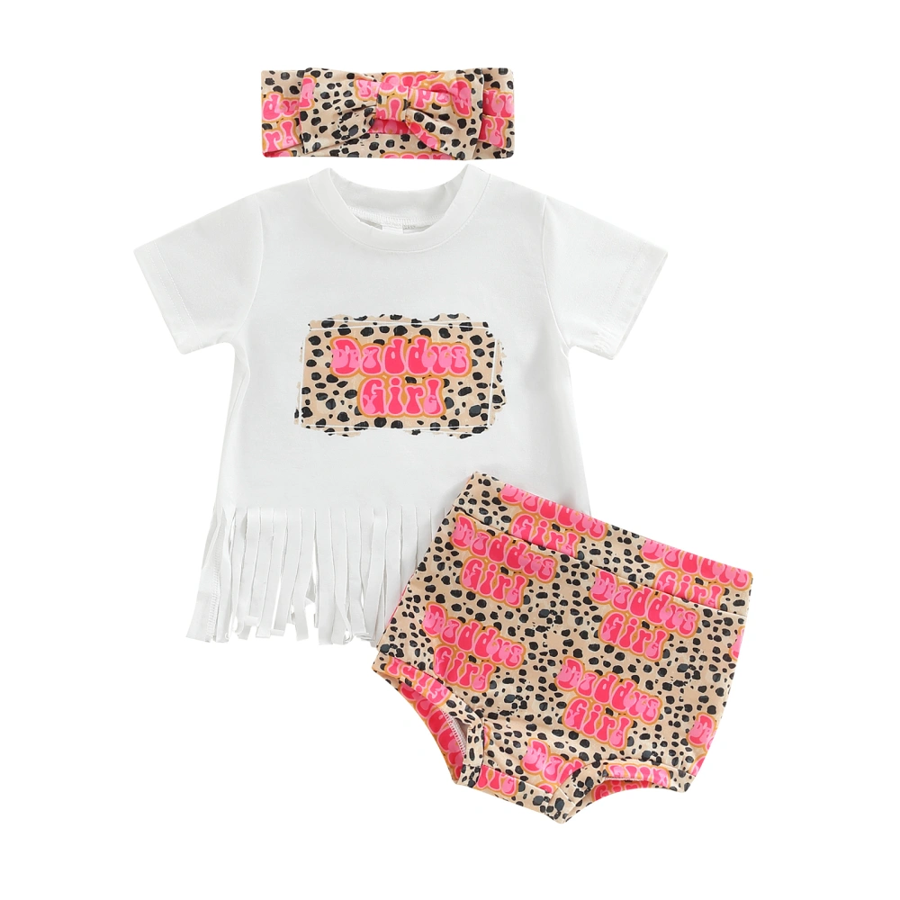 Kids Girl Outfits Leopard T-shirt with Tassels and Shorts Headband Set