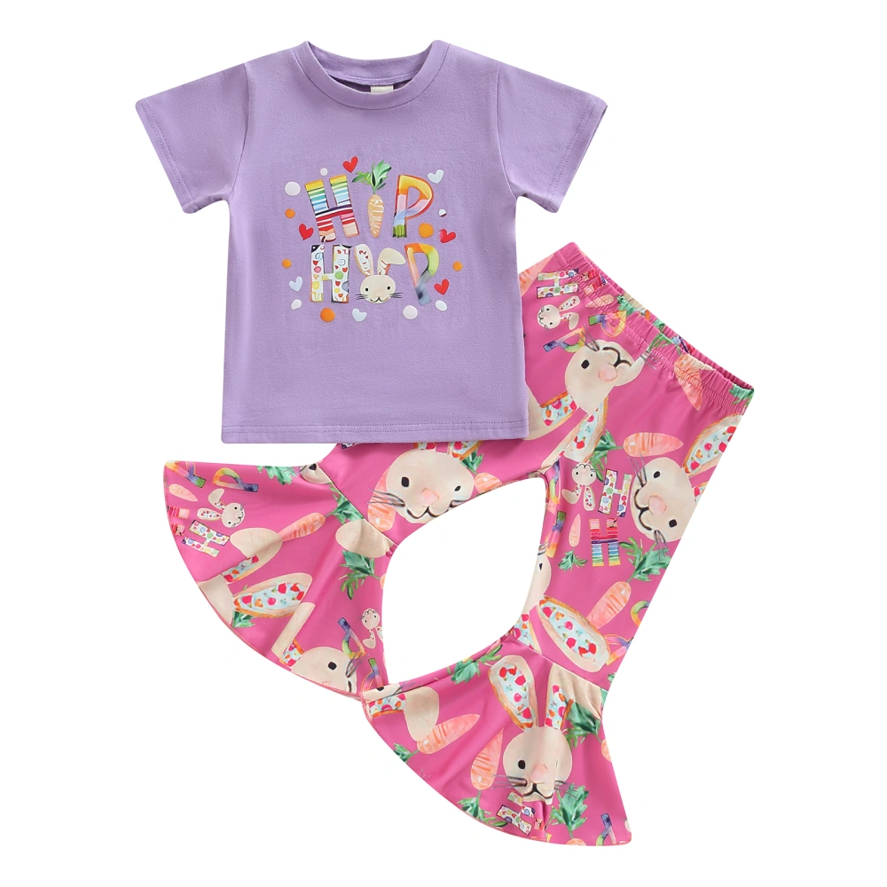 Girls Short Sleeve Round Neck Letters Tops Bell-Bottoms Pants 