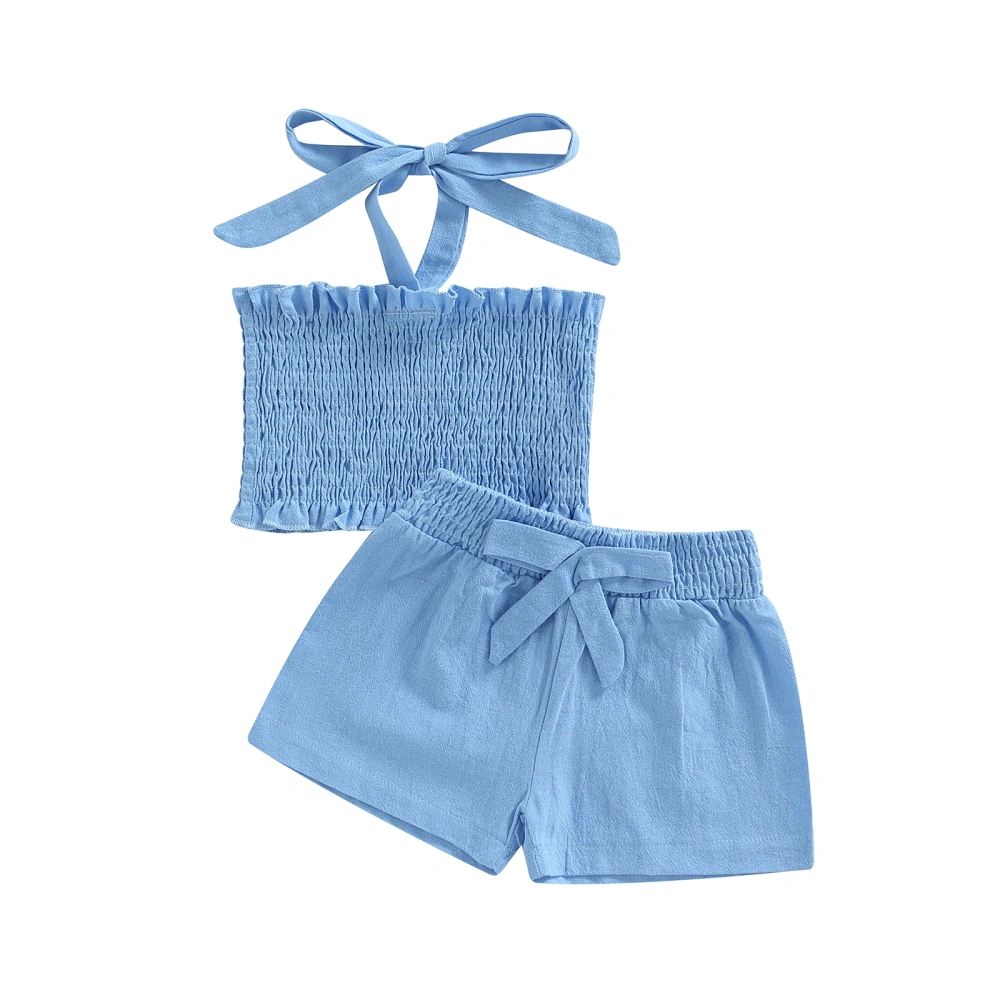 Kids Girl Halter Tanks Tops + Shorts, Solid Color Pleated Clothing