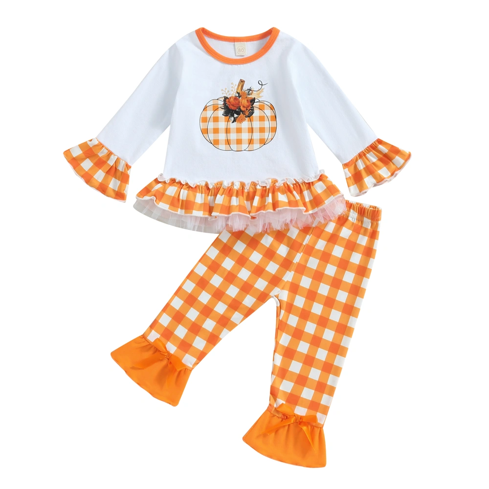 Thanksgiving Girls Pants Set, Pumpkin/Turkey T-shirt Plaid/Food Pants