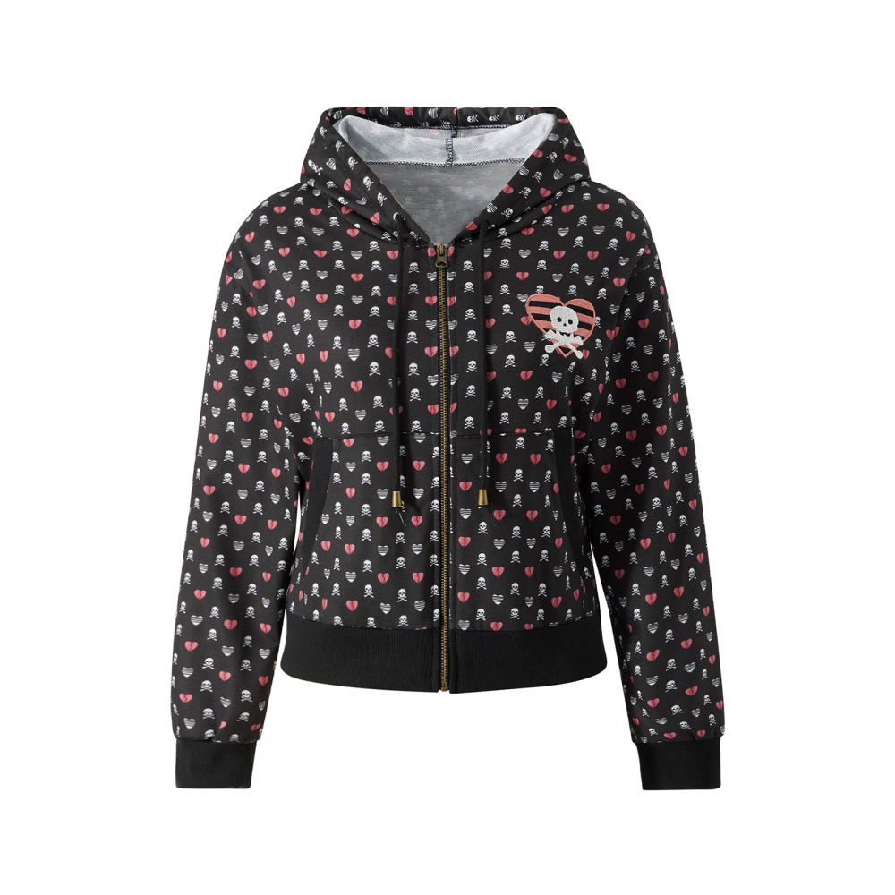 Women Zip Up Hoodie, Skull Heart Print Hooded Full-Zipper Jacket