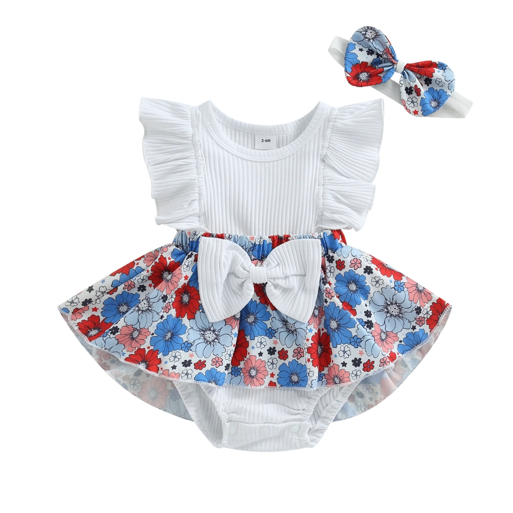 Baby Girls Summer Flying Sleeve Floral Romper Dress with Headband