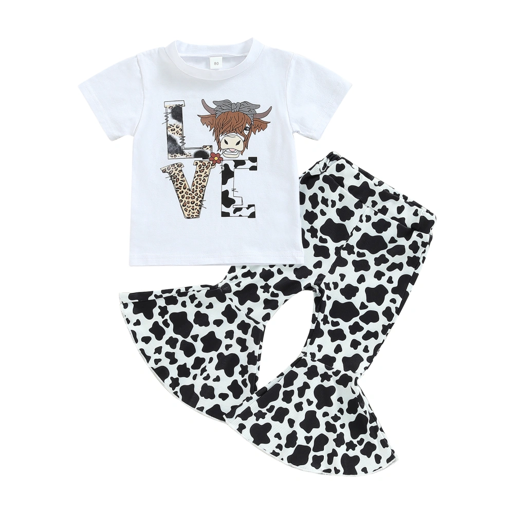 Kid Girls Pants Set, Letters T-shirt + Cow Pattern Pants + Headband