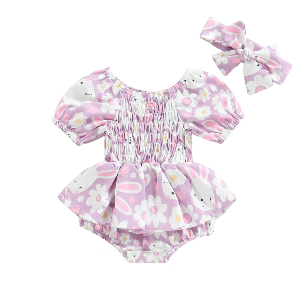 Infant Girl Rabbit Print Short Sleeves Ruched Ruffle Romper + Headband