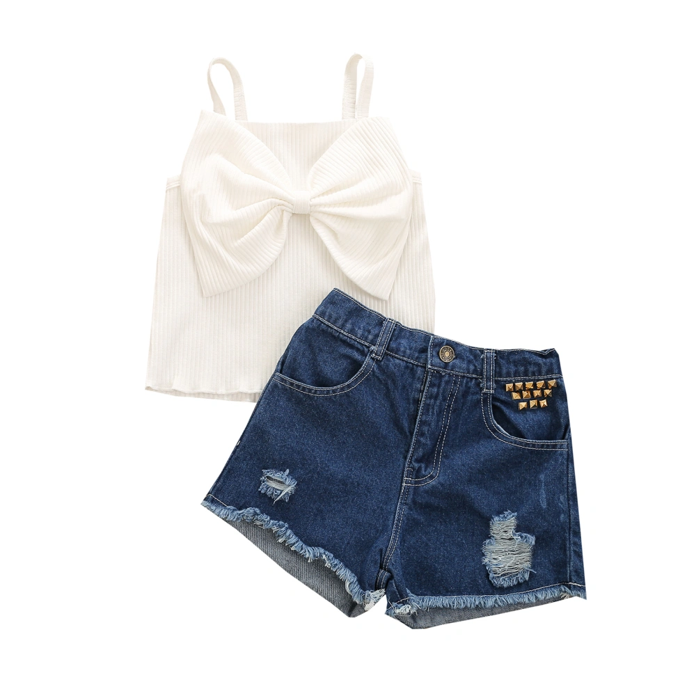 Kid Girl Shorts Suits, Bow-Knot Sling Tops + Ripped Hole Shorts Set