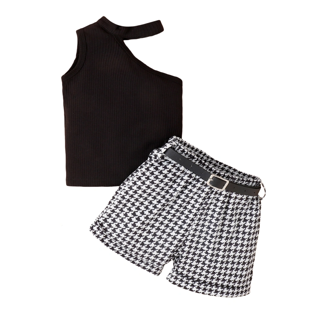 Kids Girls Shorts Set Sleeveless Vest with Houndstooth Shorts and Belt