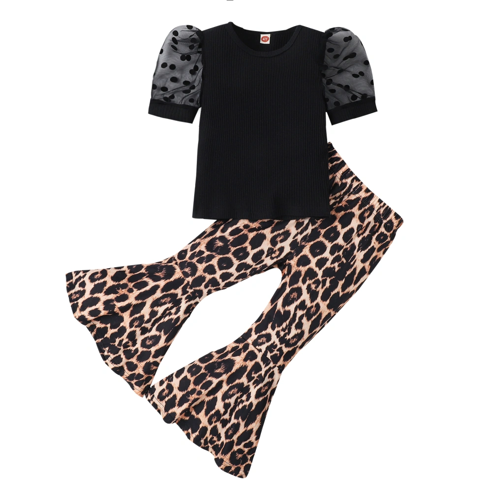 Kid Girls Pants Set, Dots Short Sleeve T-shirt + Leopard Print Pants