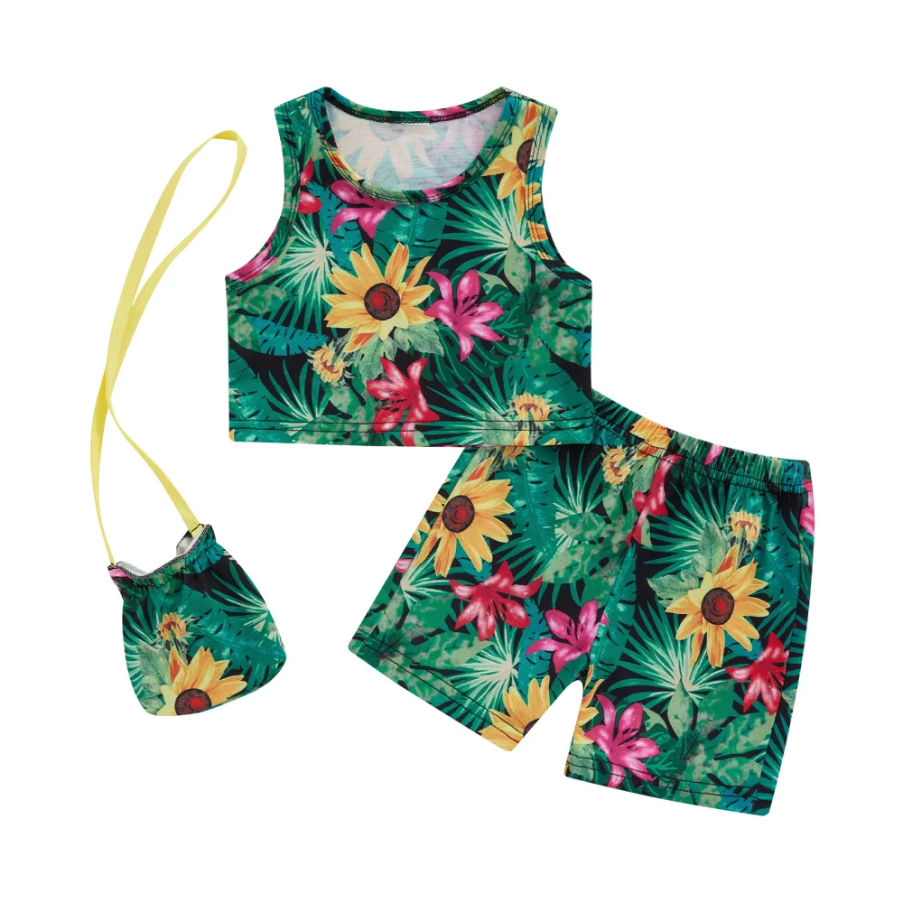 Girls Round Neck Floral Vest Tops + Short Pants + Cross Body Bag 