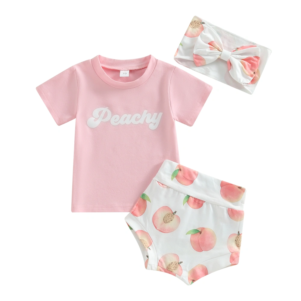 Baby Girls Shorts Set, Letters T-shirt + Peach Print Shorts + Hairband