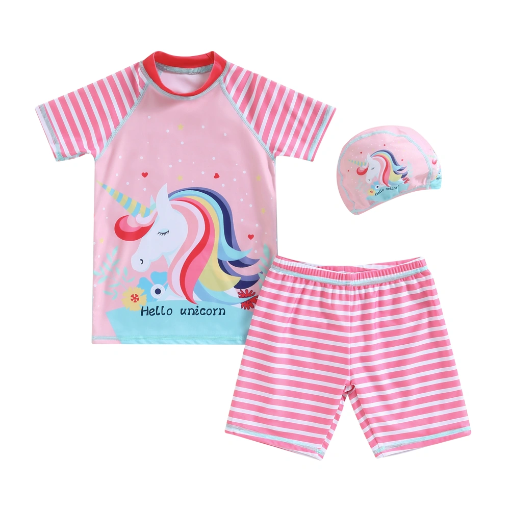 Girls Swimsuit, Cartoon Horse T-shirt + Striped Shorts + Swimming Hat