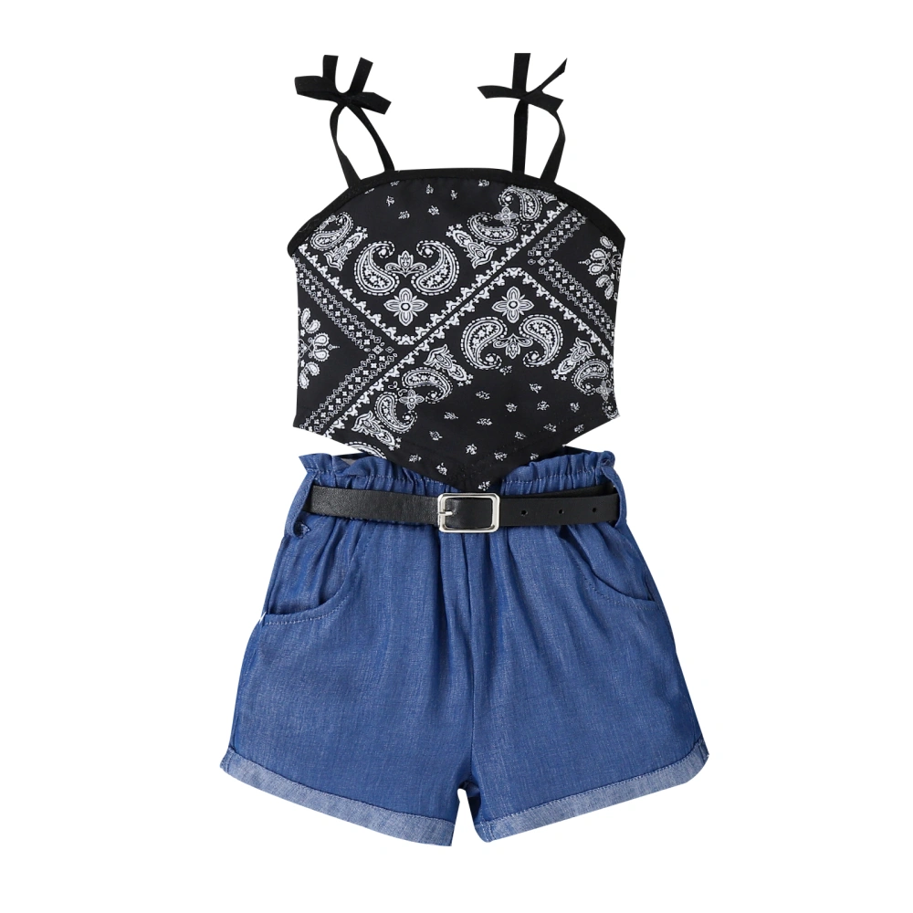 Kids Girls Summer Outfit Bandage Bow Camisole and Elastic Denim Shorts