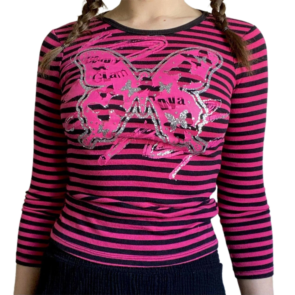 Women’s Shiny Butterfly Print Long Sleeve Round Neck Striped Tops