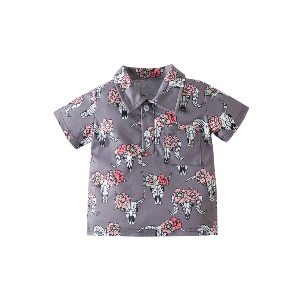 Boys Western Shirts, Short Sleeve Cow/Bull Head Print Button Shirts