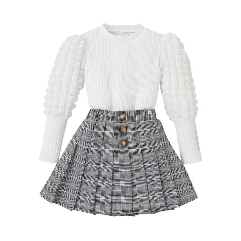 Toddler Girls Long Sleeve O Neck Tops + Button Pleated Plaid Skirt