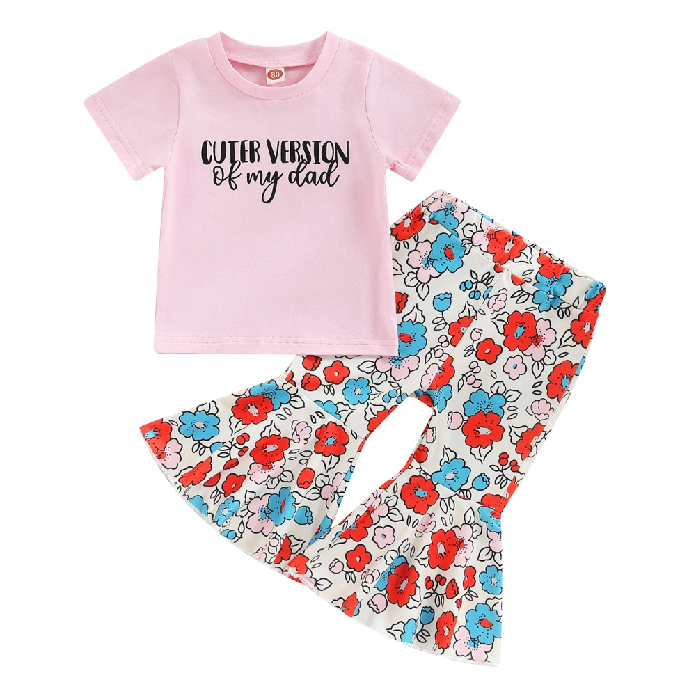 Girls Pink Short Sleeve Letter Print Tops + Floral Flared Pants