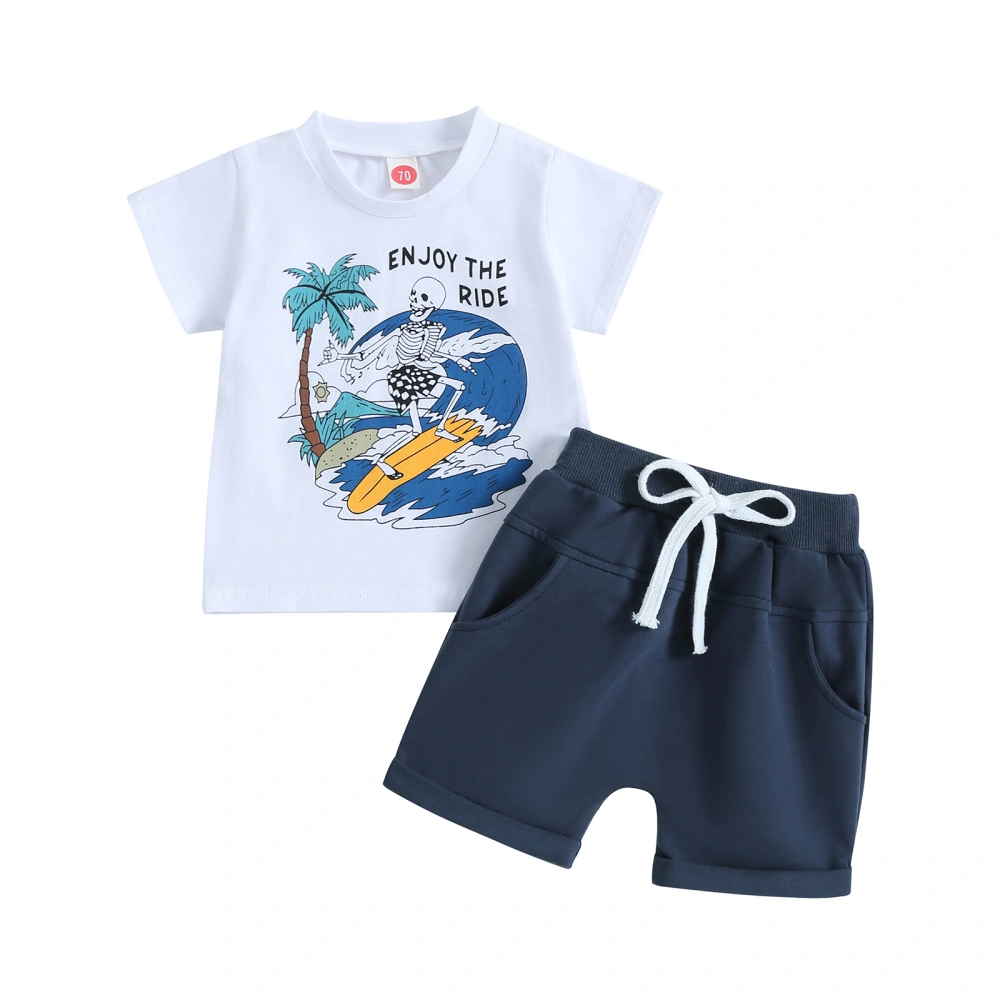 Boys White Short Sleeve Letter Print Tops and Drawstring Shorts Sets