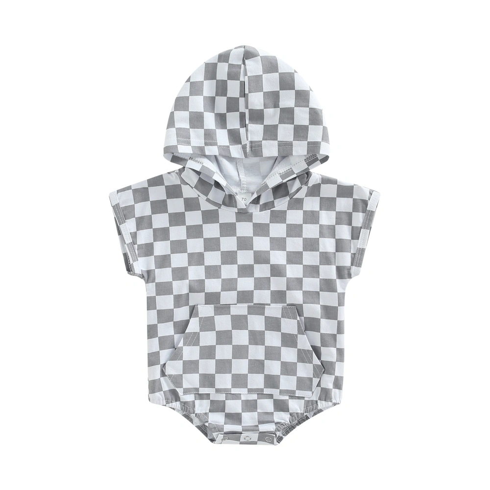 Baby Jumpsuit Hooded Checkerboard Print Short Sleeve Romper 