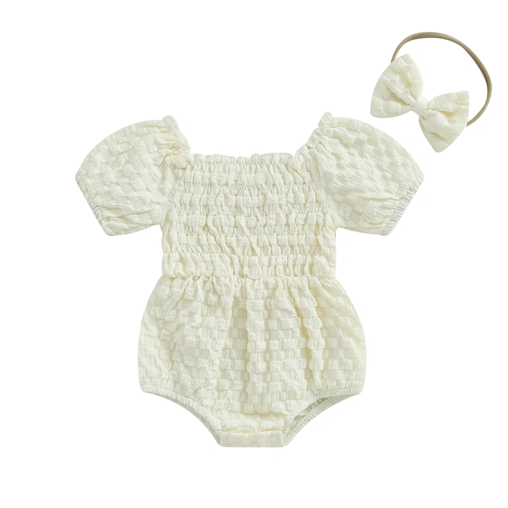 Baby Girls Romper Set, Off-shoulder Bodysuit with Bowknot Headband