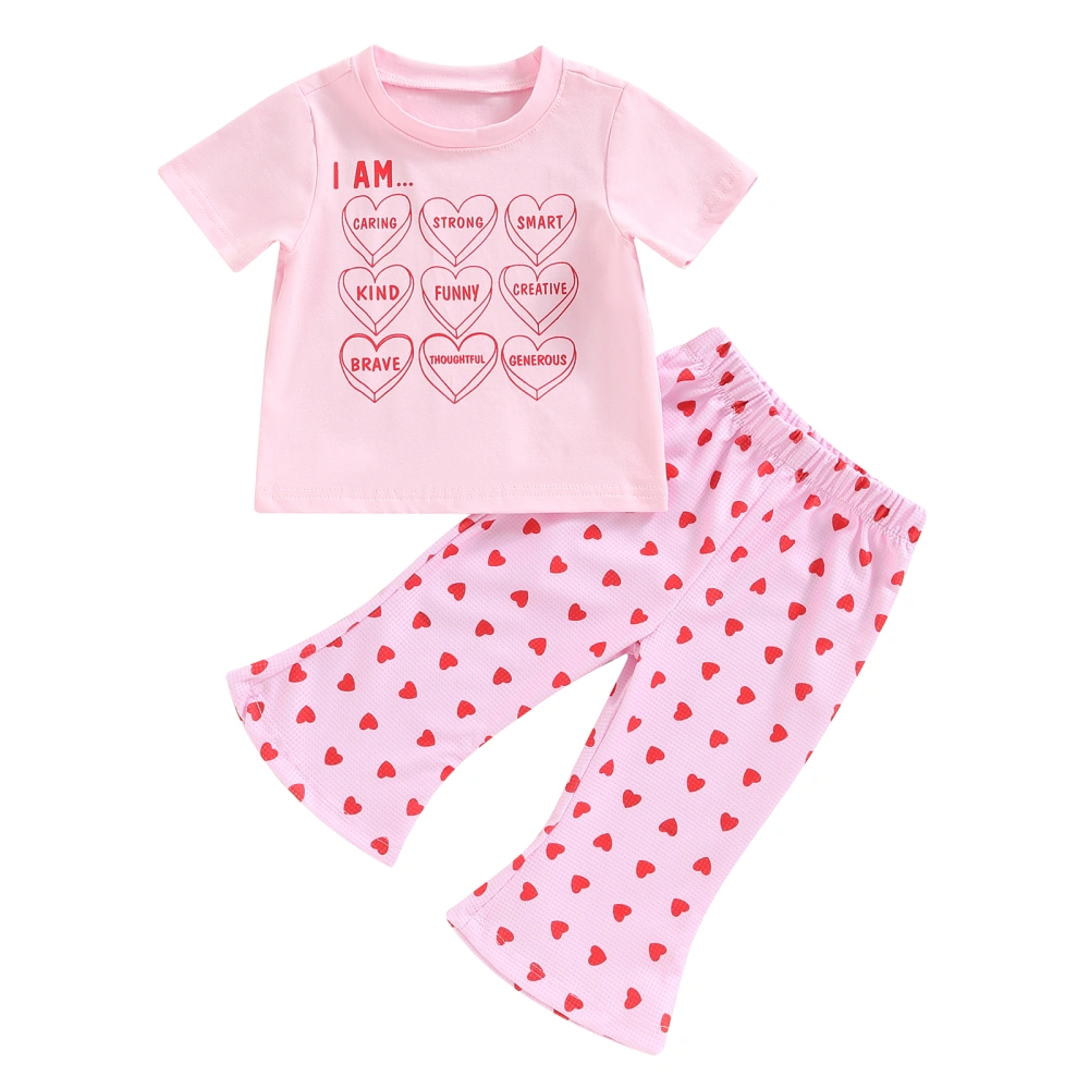 Girls Pants Set, Letters Print T-shirt + Heart Print Flare Pants