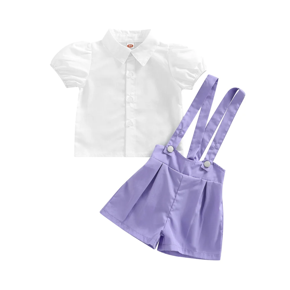 Kids Lapel Short Puff Sleeve Button-Down Shirt+ Suspender Shorts