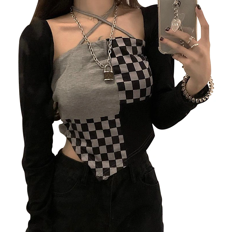 Women Tight Sexy Camisole, Neck Hanger Plaid Patchwork Crop Tops